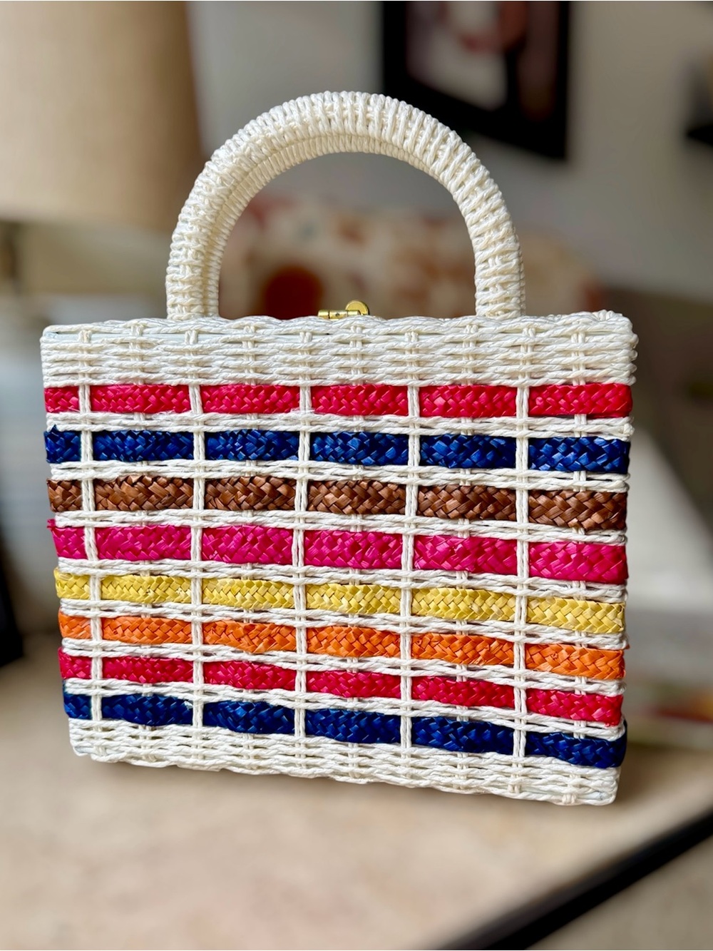 Handwoven Multicolor Straw Purse - White Trim